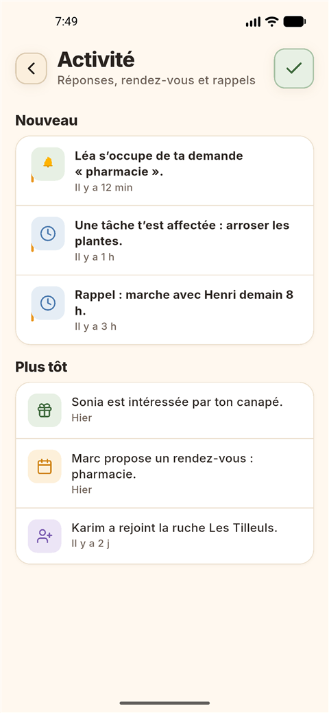 Écran Activité de neerbee : notifications de réponses, rendez-vous et rappels, sections Nouveau et Plus tôt