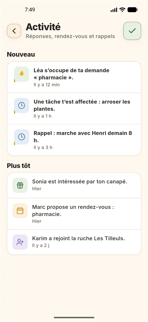 Écran Activité de neerbee : notifications de réponses, rendez-vous et rappels, sections Nouveau et Plus tôt
