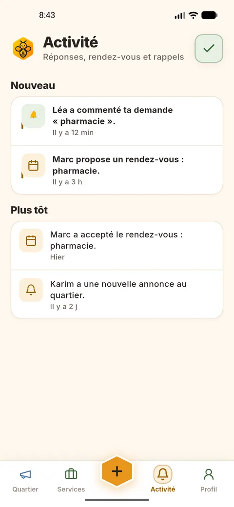 Écran Activité : réponses, rendez-vous et rappels