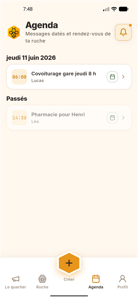 Écran Agenda de neerbee : rendez-vous groupés par jour, cloche de notifications en haut à droite
