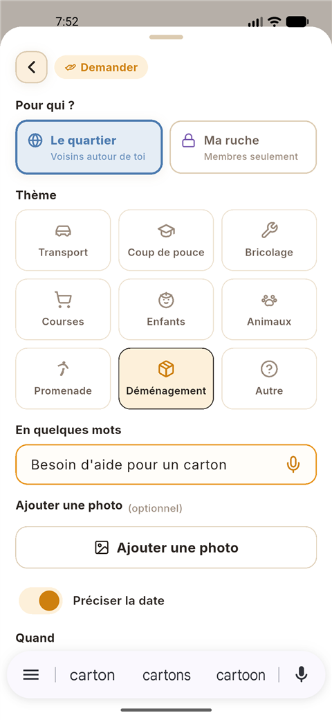 Formulaire de création neerbee : portée Le quartier ou Ma ruche, grille de thèmes, champ texte avec micro