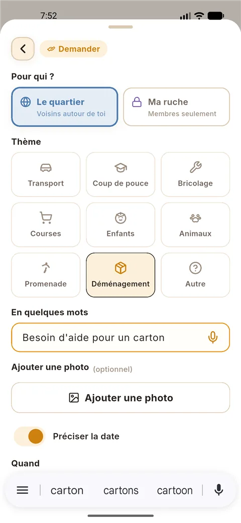 Formulaire de création neerbee : grille de thèmes, champ texte avec micro — annonce au quartier