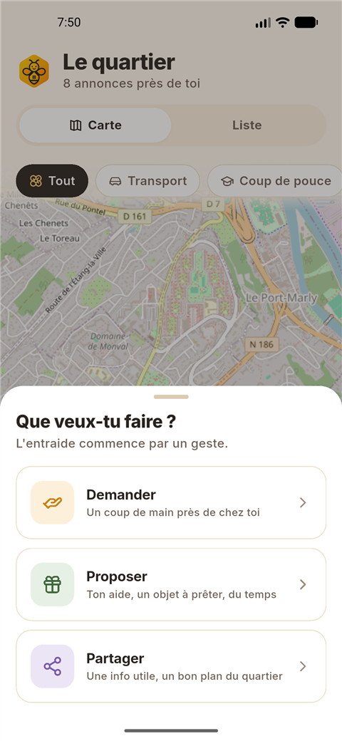 Sheet de création neerbee : trois choix Demander, Proposer, Partager