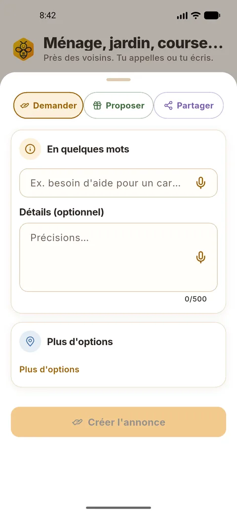 Création d'annonce : Demander, Proposer ou Partager