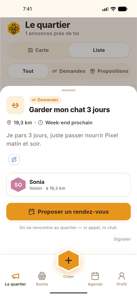Fiche d’annonce neerbee « Garder mon chat 3 jours » avec bouton Proposer un rendez-vous
