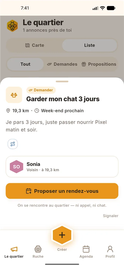 Fiche d’annonce neerbee « Garder mon chat 3 jours » avec bouton Proposer un rendez-vous