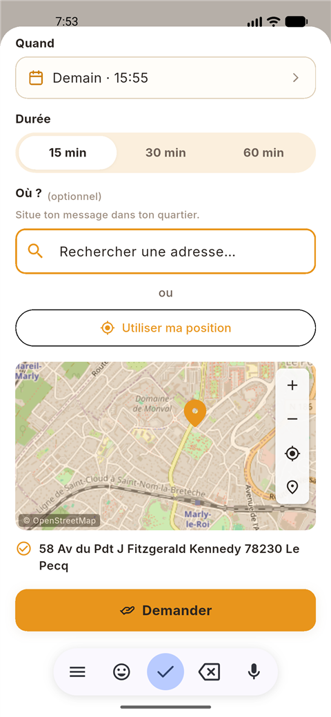 Capture d'écran neerbee : choix du lieu d'une annonce — recherche d'adresse, bouton Utiliser ma position, épingle sur la carte et bouton Demander