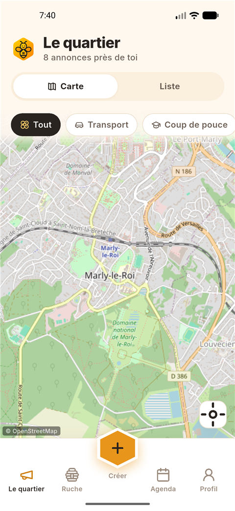 Écran carte de neerbee : fond OpenStreetMap centré sur Marly-le-Roi, bouton hexagonal Créer