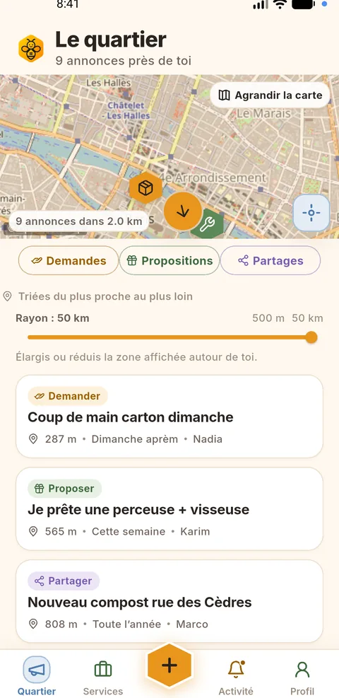 Écran Le quartier de neerbee : carte OpenStreetMap et annonces près de toi