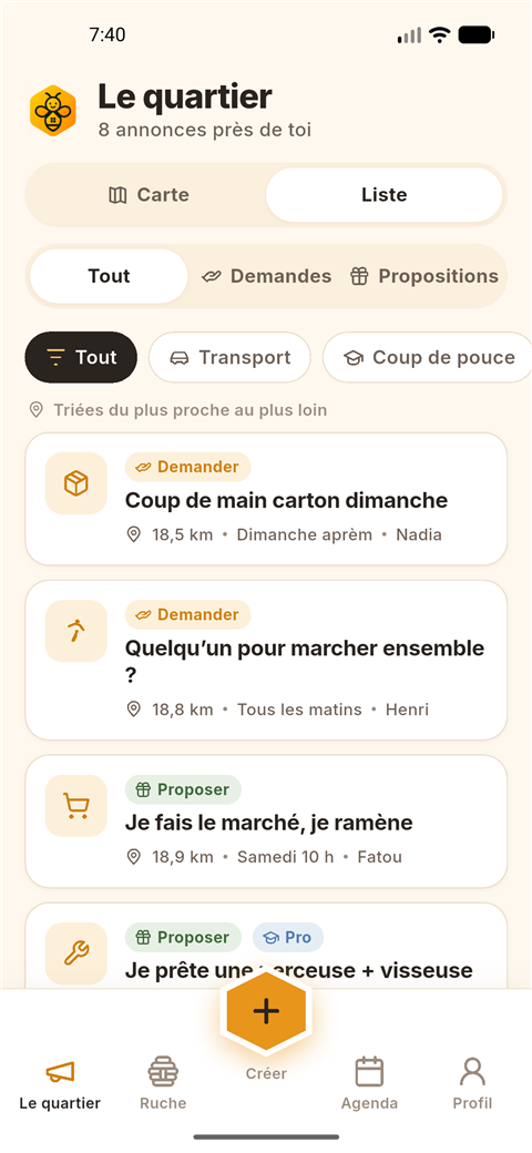 Écran Le quartier de neerbee : liste d’annonces triées par proximité avec filtres par thème