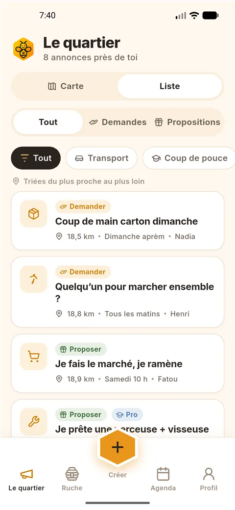Écran Le quartier de neerbee : annonces des voisins triées par proximité
