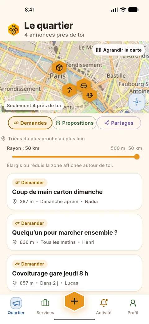 Écran Le quartier filtré sur les demandes