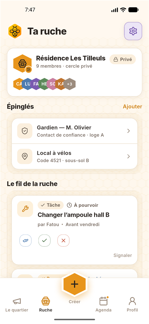 Écran Ta ruche : Résidence Les Tilleuls, 9 membres, épinglés et fil de la ruche