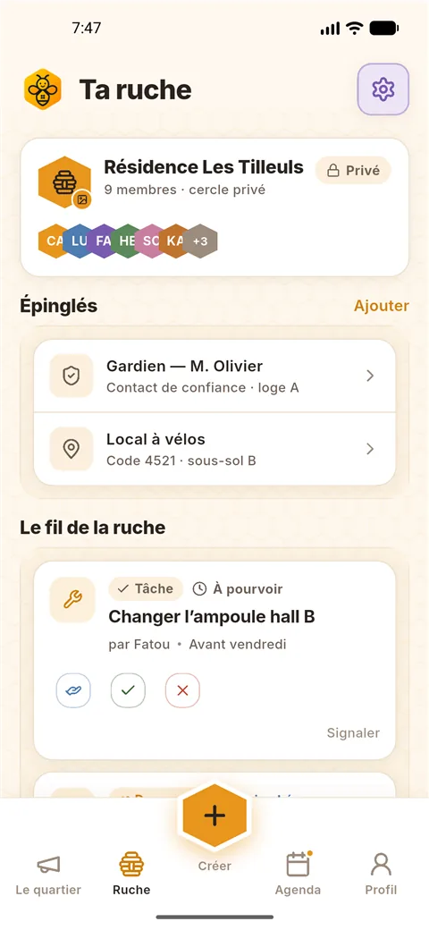Écran Ta ruche de neerbee : cercle privé Résidence Les Tilleuls, épinglés et fil d'entraide
