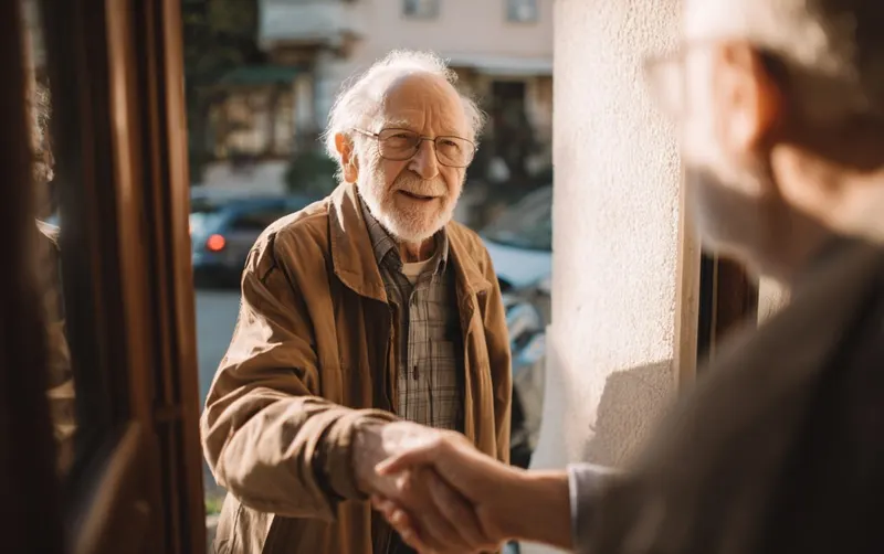 Une voisine prend des nouvelles d'un voisin âgé sur le pas de la porte, échange calme après une évacuation
