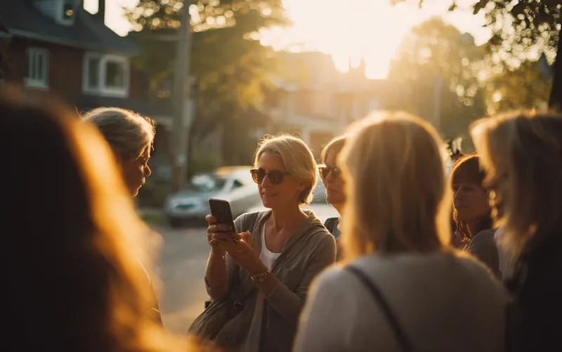 Des voisins se coordonnent autour d'un téléphone dans une rue résidentielle, entraide de quartier après une évacuation