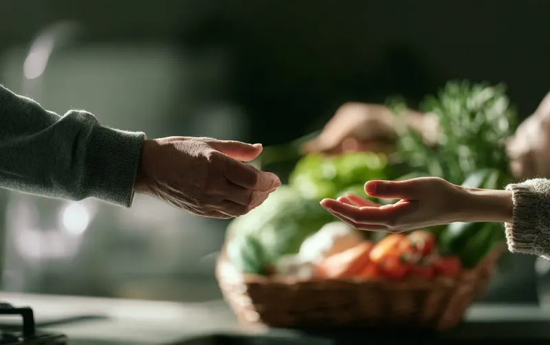 Deux paires de mains se passent un panier de legumes, geste d'aide concrete et quotidienne