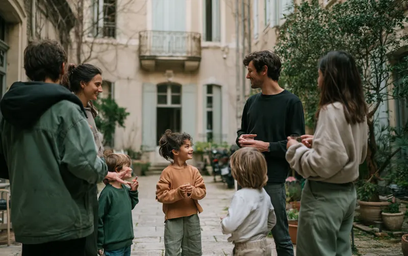 Plusieurs voisins discutant et s'organisant ensemble dans une cour d'immeuble, entraide collective