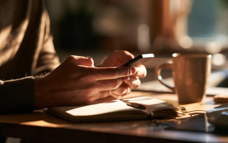 Mains tenant un téléphone au-dessus d'un carnet ouvert, mug à côté, lumière du jour