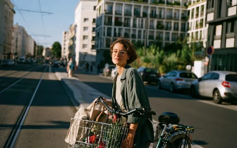 Rue de ville, femme à vélo avec un panier et un cabas, immeubles en arrière-plan