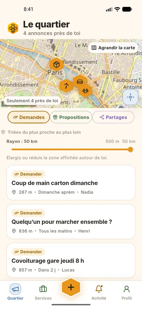 Fil Quartier neerbee : petites annonces entre voisins et bouton plus orange au centre