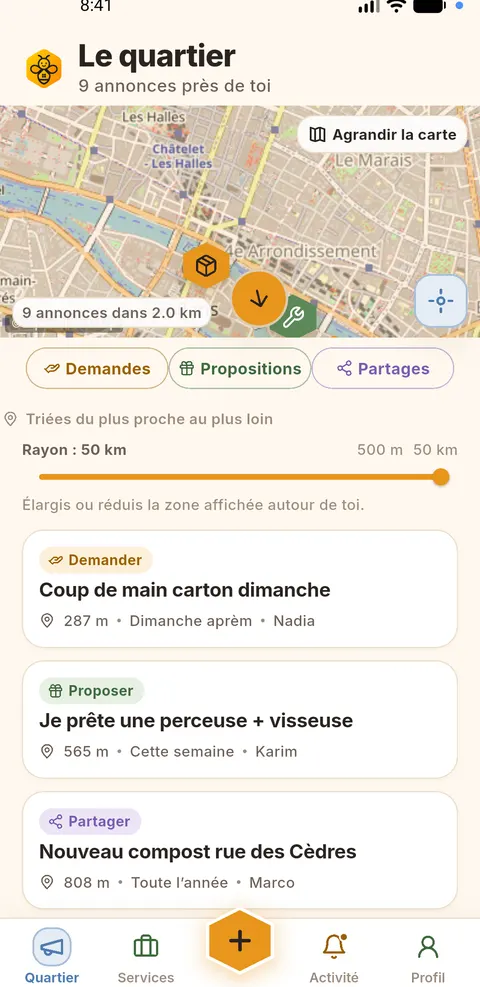 Carte du quartier neerbee avec une annonce sélectionnée et le bouton plus orange