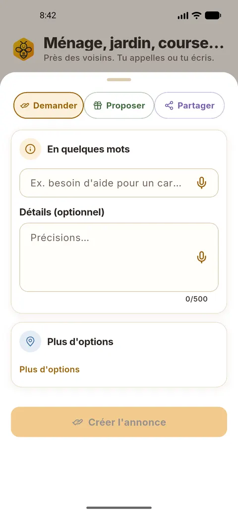 Feuille de création neerbee : Demander, Proposer, Partager et grille de thèmes