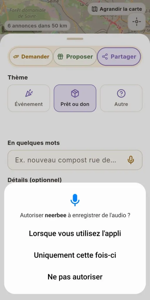 Demande d'autorisation du micro Android pour dicter une annonce dans neerbee