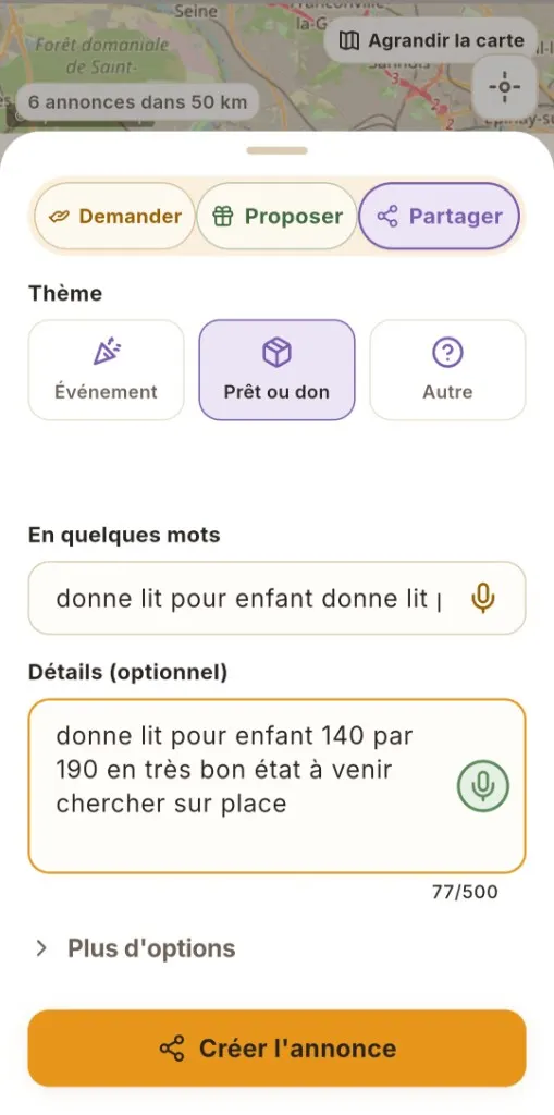 Annonce neerbee dictée au micro : don d'un lit pour enfant, bouton Créer l'annonce