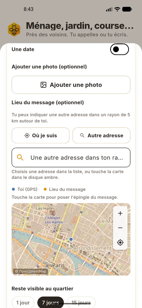Plus d'options neerbee : date, photo, lieu du message et durée de visibilité