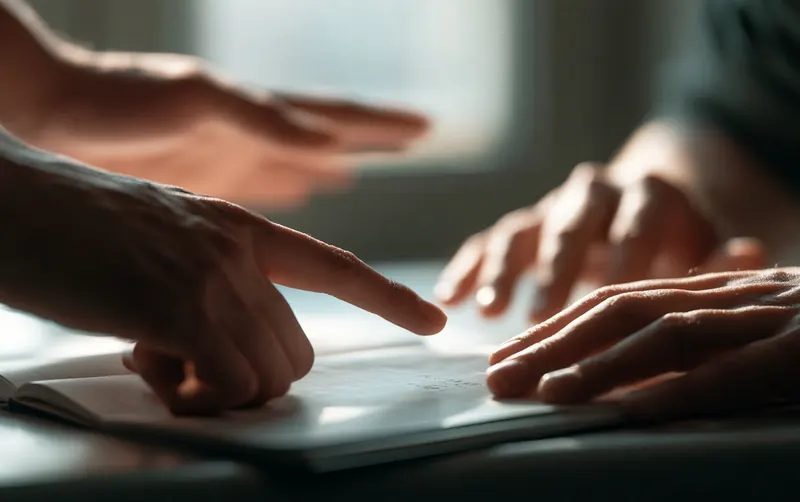 Deux paires de mains au-dessus d'un carnet ouvert sur un palier, on s'entend sur l'heure, lumiere douce