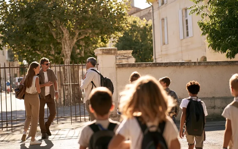 Trois parents parlent près d'un portail d'école, enfants de dos avec cartables
