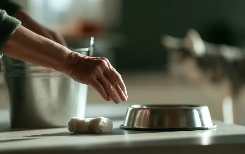 Mains posant un seau, une eponge et un bol pour chat sur un plan de travail, lumiere douce