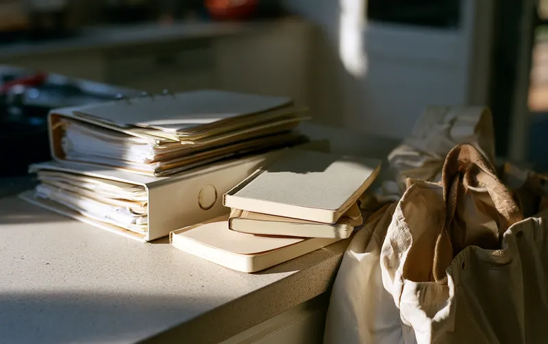 Classeurs, cahiers et tote bag sur un plan de travail, lumière du jour