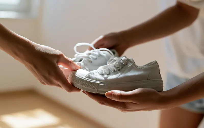 Deux mains échangent une paire de baskets propres encore bonnes, lumière du jour
