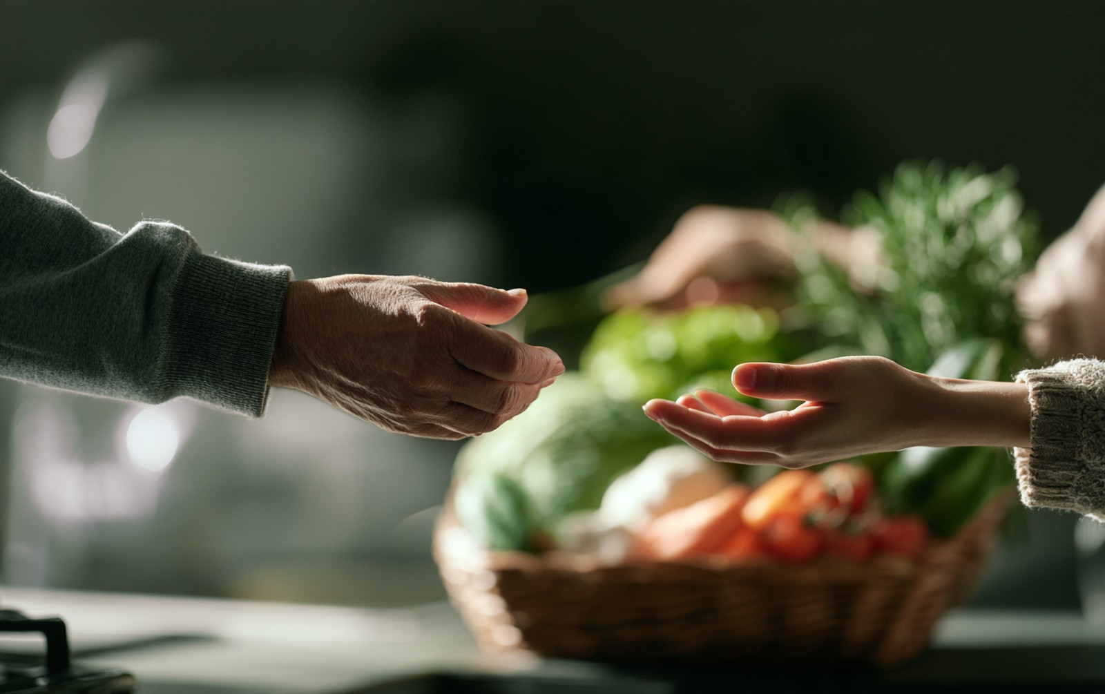 Deux paires de mains échangent un sac de courses, geste simple d'entraide entre voisins