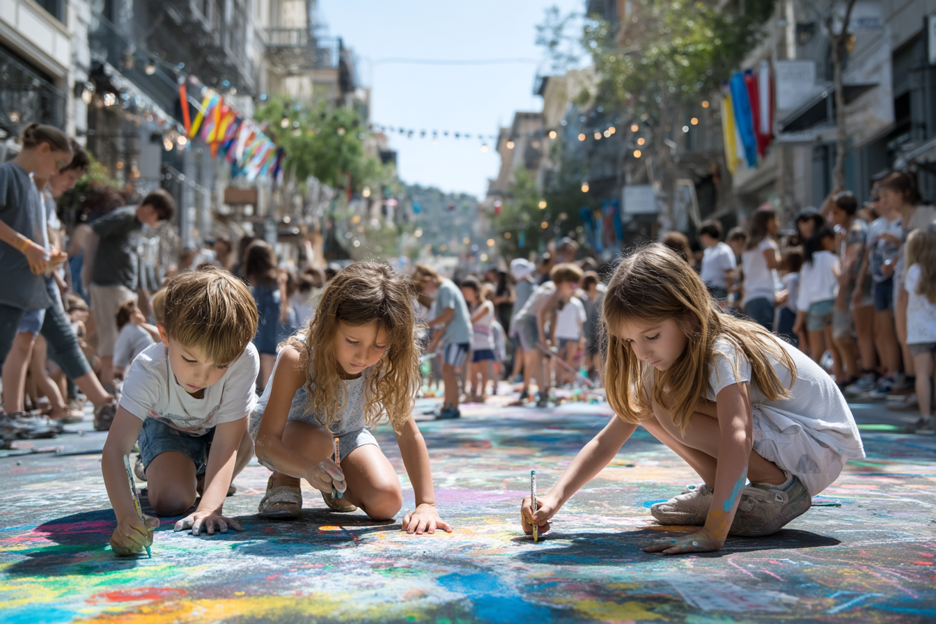 Enfants et adultes jouant ensemble a la Fete des Voisins