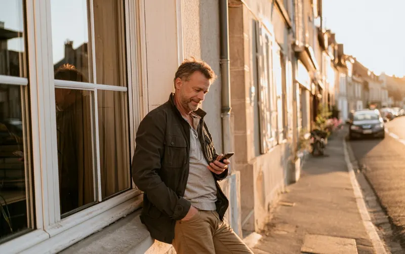 Un voisin consulte son téléphone sur le pas de sa porte, immeuble français en arrière-plan, lumière de fin d'après-midi
