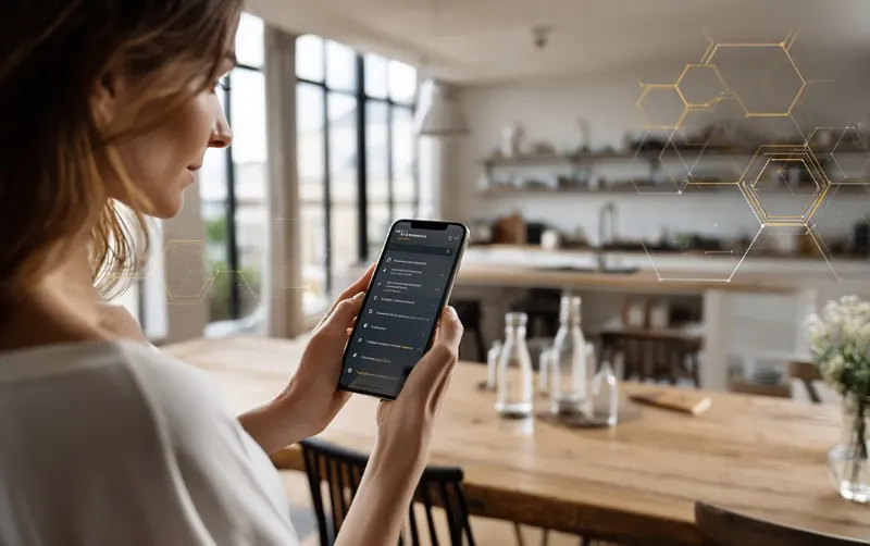 Femme consultant l'application neerbee sur son téléphone pour coordonner l'entraide entre voisins