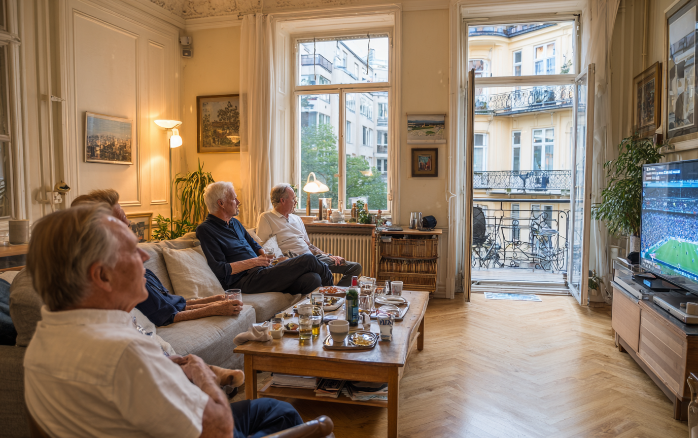 Salon français : voisins et famille regardent un match ensemble, boissons et coussins partagés