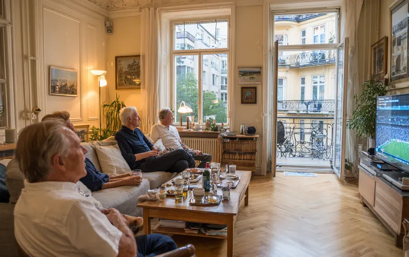 Salon français : voisins et famille regardent un match ensemble, boissons et coussins partagés
