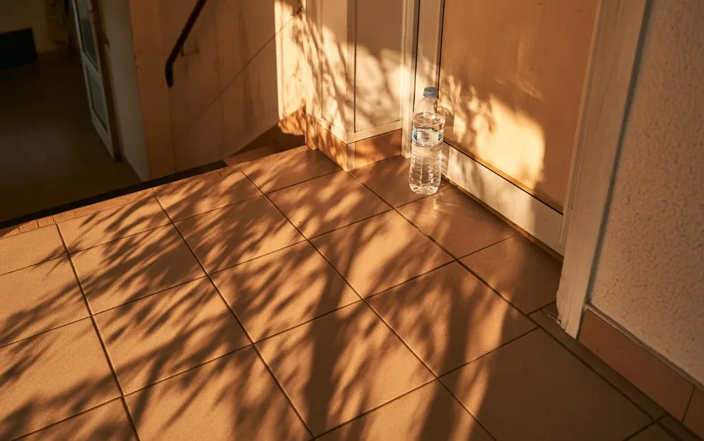 Bouteille d'eau au pied d'une porte d'immeuble, ombres de feuillage et lumière dorée d'été