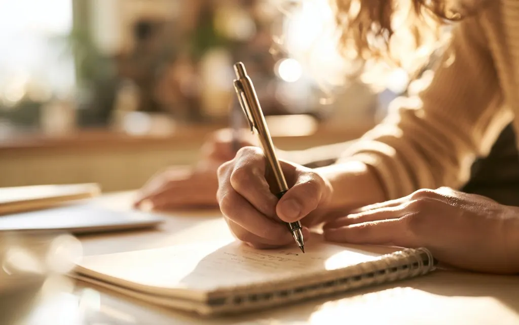 Main annotant un carnet au soleil, geste de coordination entre voisins