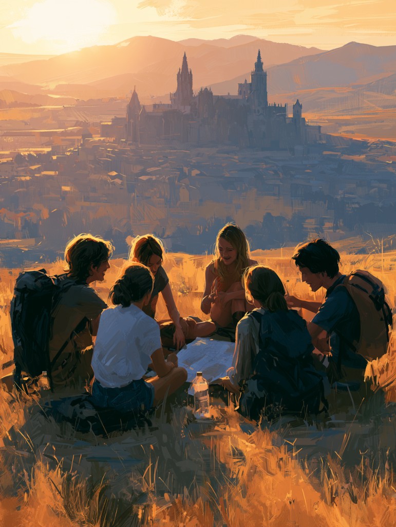 Groupe de marcheurs au coucher du soleil, carte ouverte, cathédrale de Compostelle au loin