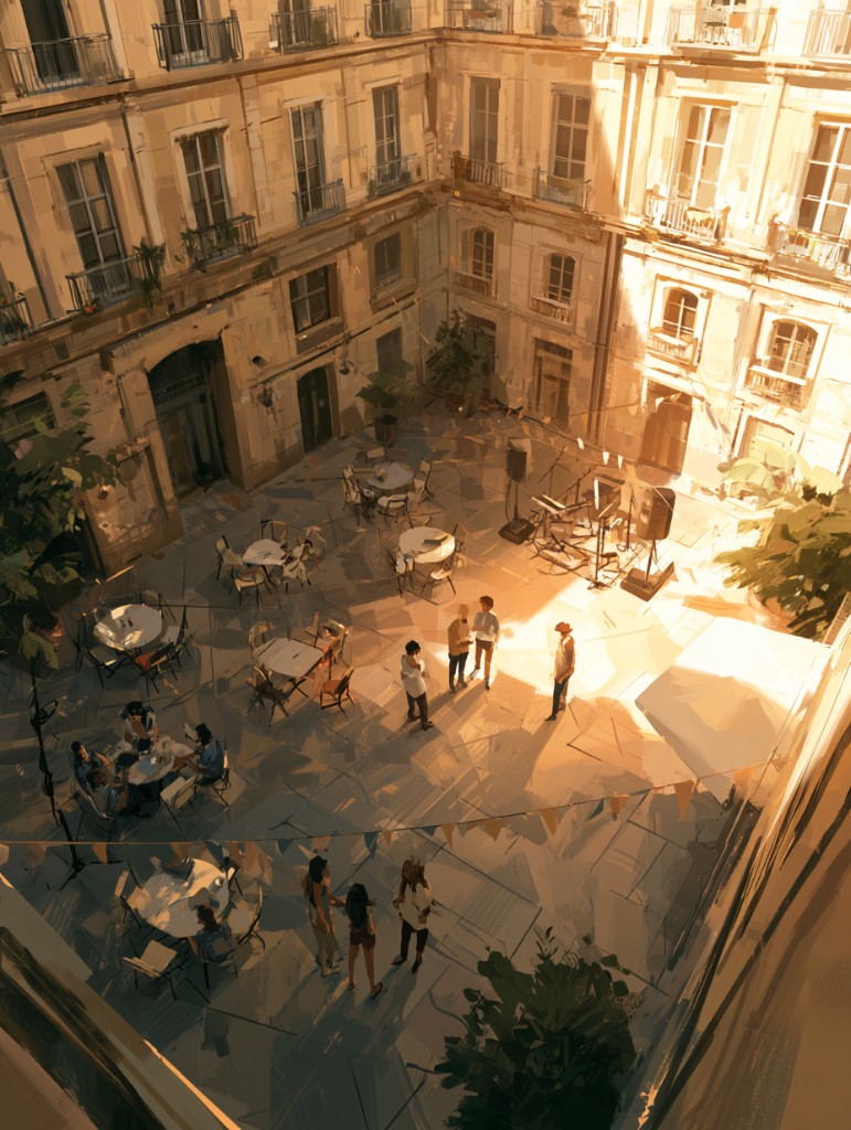 Cour d'immeuble au coucher du soleil, tables et voisins réunis pour une fête de quartier