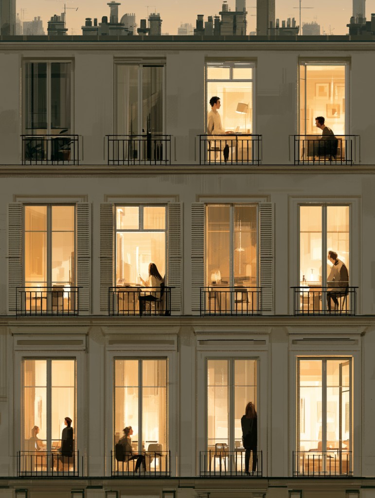 Immeuble parisien la nuit : fenêtres éclairées, voisins actifs dans leurs logements