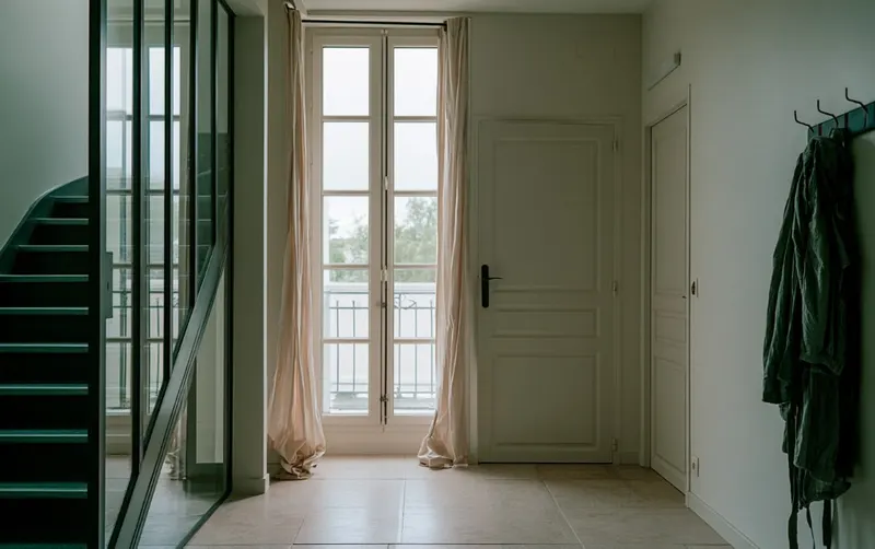 Un palier d'immeuble récent, une porte fermée et un portemanteau, en lumière de jour voilée.