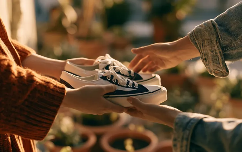 Deux paires de mains s'échangent une paire de baskets, manche rouille et manche jean