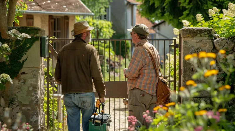 Deux voisins se retrouvent devant un portail de jardin, une caisse à outils posée à terre