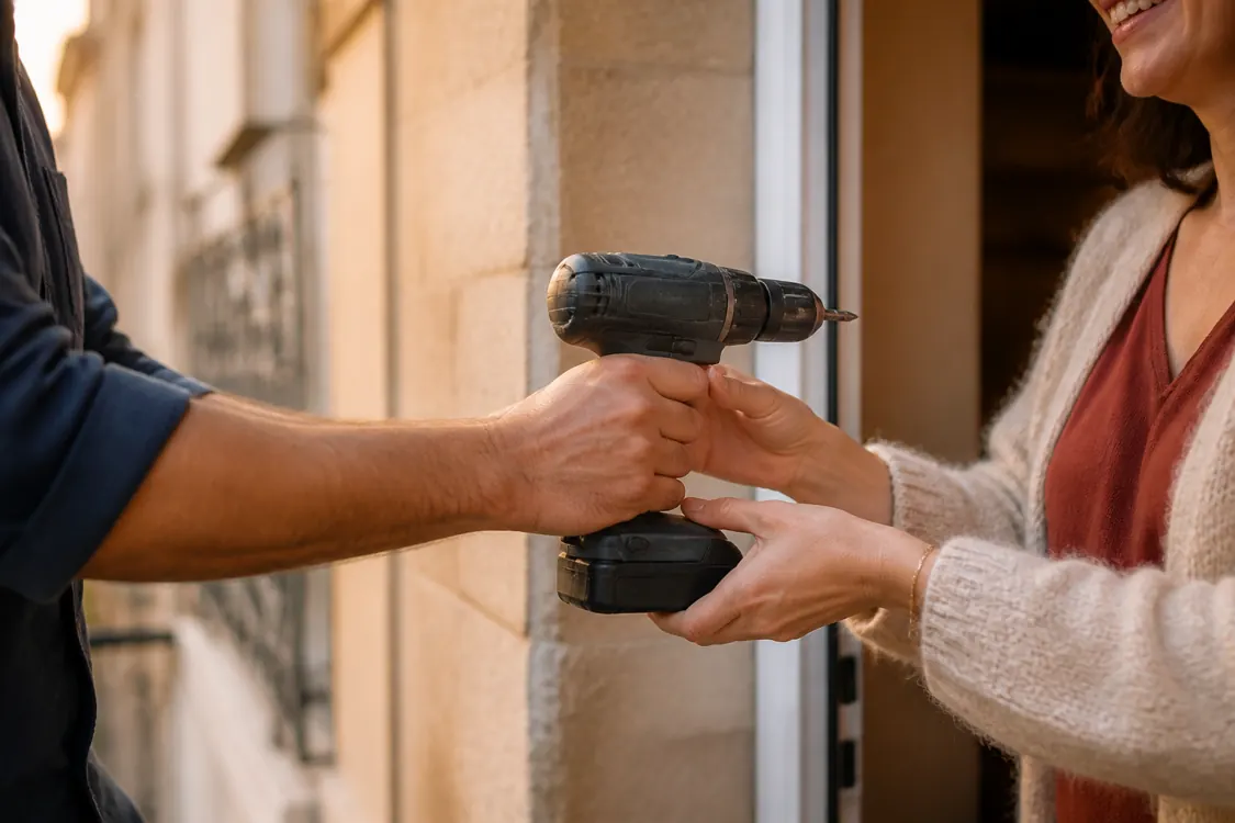 Un voisin prête une perceuse à une voisine sur le pas de sa porte, mains au premier plan
